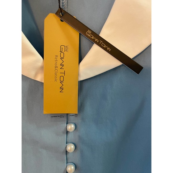 New GownTown Womens 1950s Cape Collar Vintage Swing Stretchy Blue White Dress 2X - Picture 7 of 12